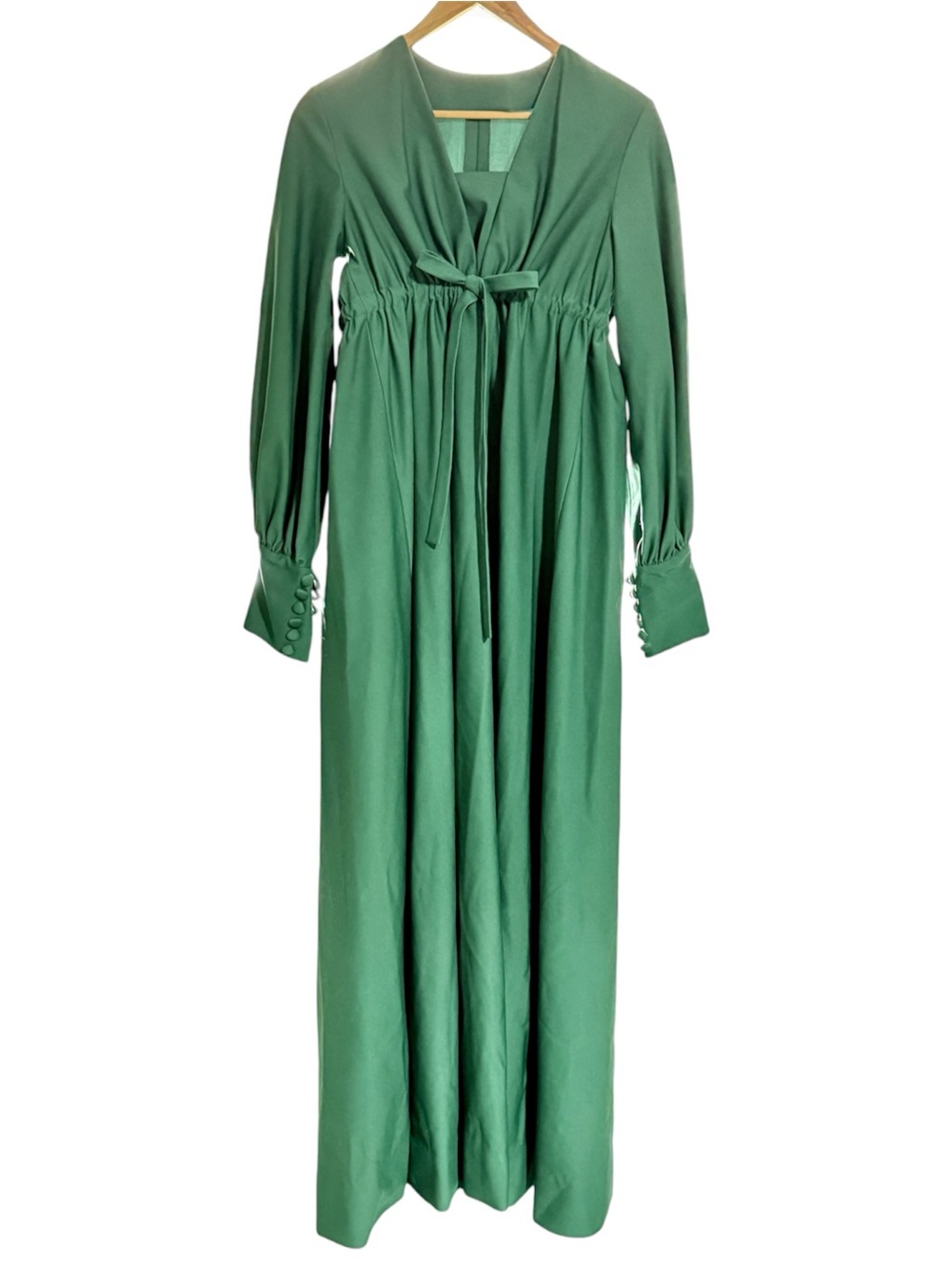 Handmade green long-sleeve maxi dress w/tie waist for definition No tags | c